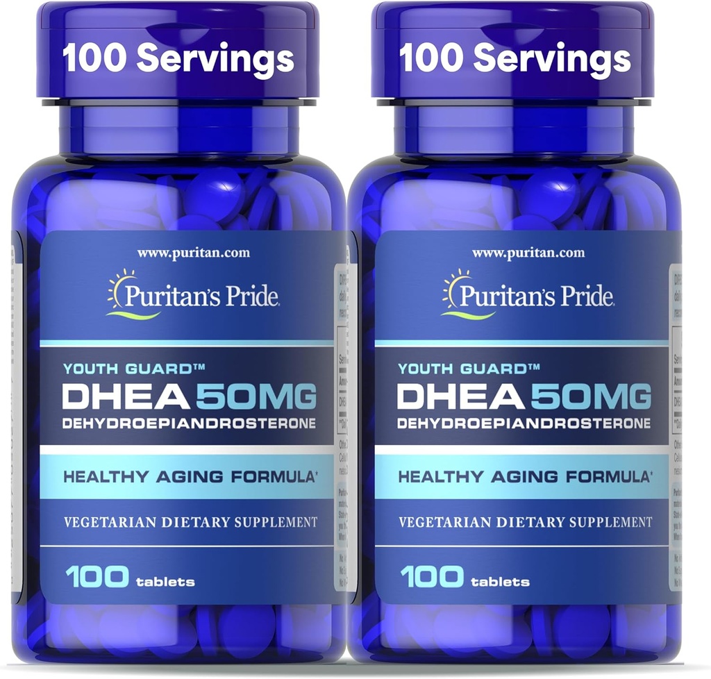 Puritan's Pride Youth Guard DHEA for Women and Men 50mg, Diyetary Supplement for Health Aging, 3 Ay Supply, 100 Tablet, 2 Pack