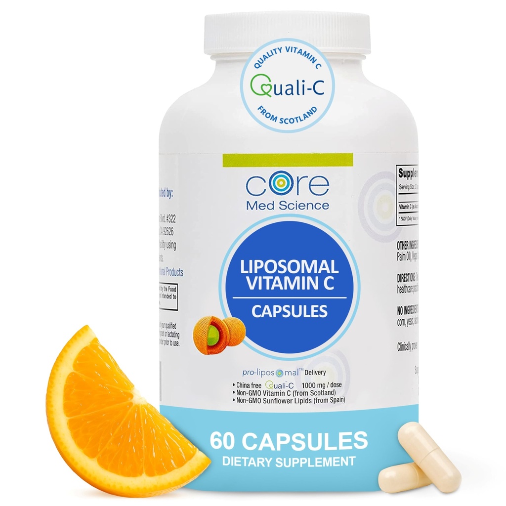 Core Med Science Liposomal Vitamin C 1000 mg, 60 Capsules - Non-GMO Natural Liposomal Vitamin C Supplement Bu Sağlıklı Cilt - Immune System Alert for Yetişkinler, Supports Collagen Formation