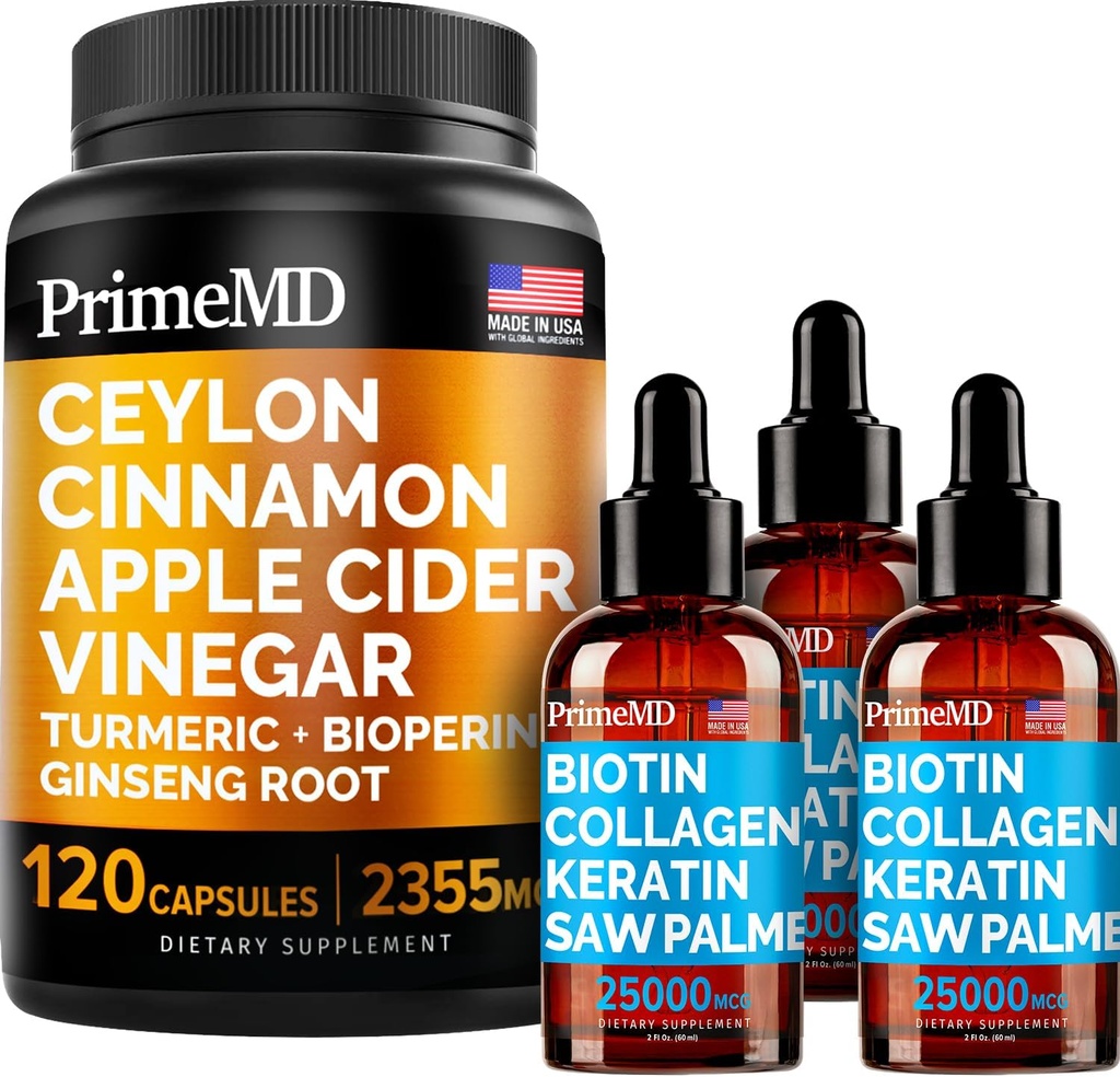 4-σε-1 Liquid Biotin Collagen Keratin Saw Palmetto Drops (2 fl oz - 3 Pack) & 5-σε-1 Ceylon Cinnamon w Turmeric & Ginseng Root (120ct) Bundle - Μαλλιά, δέρμα, νύχια, & ανοσοποιητικό συμπλήρωμα υποστήριξης