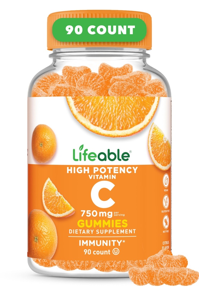 Yetişkinler için Yaşamlanabilir Vitamin C Gummies | 750 mg | Great Tasting Orange Flavor VIT C | Vegan Non GMO Vitamin C Chewable | for Immune Support | 90 Gummies