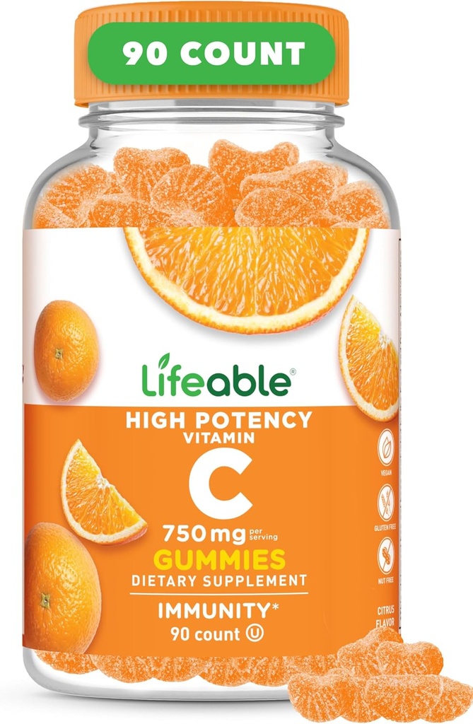Yetişkinler için Yaşamlanabilir Vitamin C Gummies | 750 mg | Great Tasting Orange Flavor VIT C | Vegan Non GMO Vitamin C Chewable | for Immune Support | 90 Gummies