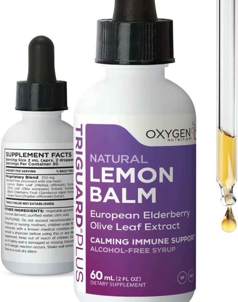 TriGuard Lemon Balm Plus - Lemon Balm Extract, Elderberry, Olive Leaf Extract Tincture 2 fl oz | For Calming, Stress Relief, Immune Support and Inflammation | Alkol-Free, Non-GMO, Made in USA