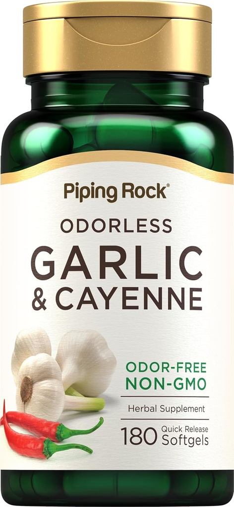 Piping Rock Odorless Soft Softgels | 180 Softgels | Tamam with Cayenne Extract | Allium Sativum | Non-GMO, Gluten Free