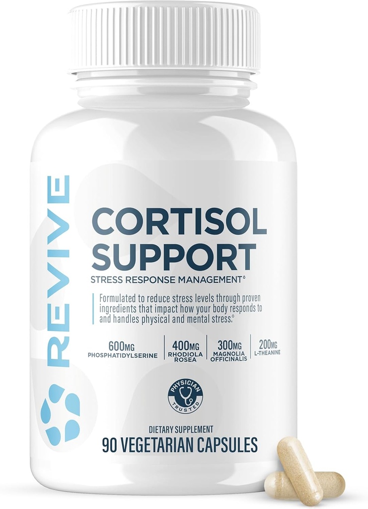 Revive MD Cortisol Manager, 90 Vegetarian Capsules - Cortisol Supplement with Magnezyum & L-Theanine Support Health, Focus, Energy, Fatigue, & Adrenal Gland Function - Vegan & Gluten-Free