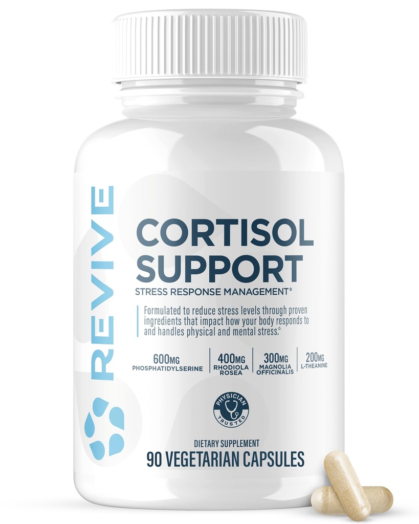 Revive MD Cortisol Manager, 90 Vegetarian Capsules - Cortisol Supplement with Magnezyum & L-Theanine Support Health, Focus, Energy, Fatigue, & Adrenal Gland Function - Vegan & Gluten-Free
