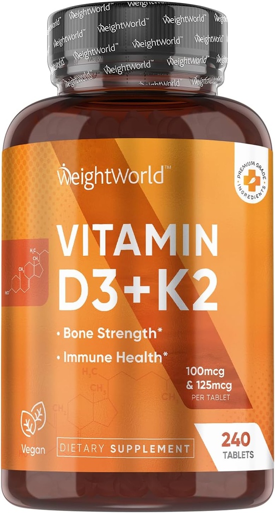 WeightWorld Vitamin D3 K2-240 Vegan Tablets (8 Μήνες Προσφορά) - Βιταμίνη D3 4000 IU (100mcg) & Βιταμίνη K2 (MK7) (125mcg) - Συμπλήρωμα βιταμίνης D για γυναίκες και άνδρες - Χωρίς γλουτένη