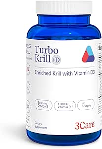 Turbo Krill 2100mg [High Concentrate] Krill Oil Plus 600 IU Vitamin D Omega 3 Supplement 60 Count Softgels