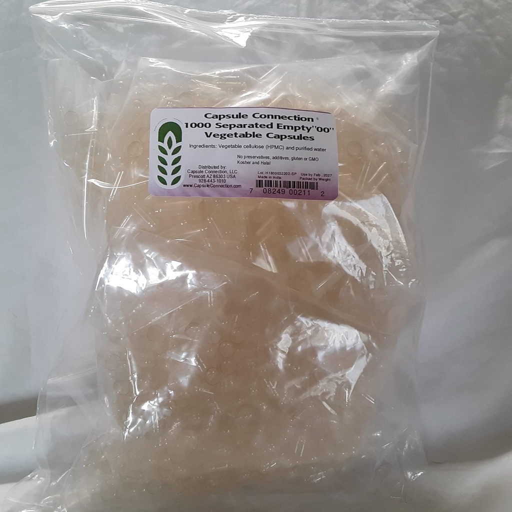 Capsule Connection 1000 Separated Empty Vegetable Capsules, 00" Size, Vegan & Vegetarian resealable Bag
