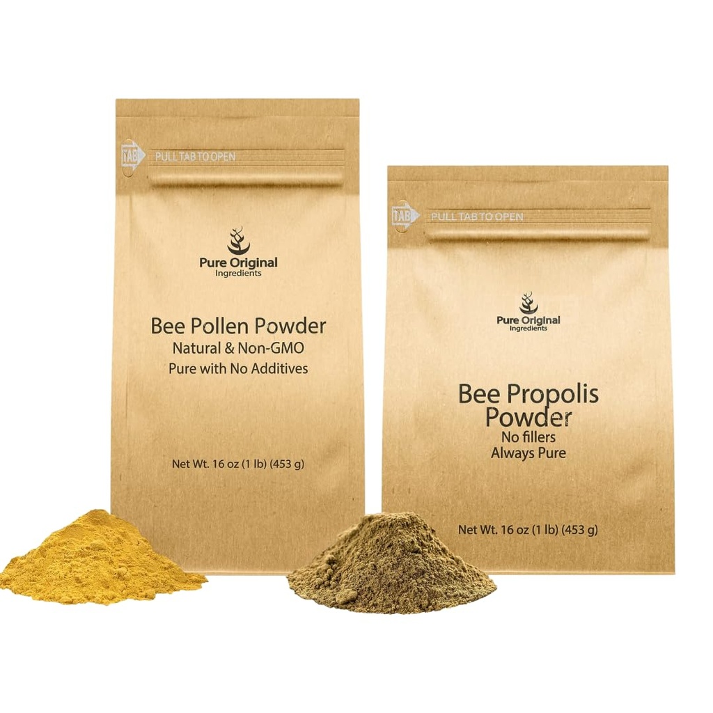 PURE αρχικά ΣΥΣΤΑΤΙΚΑ Bee Pollen σκόνη και Bee Propolis powder Bundle, 1 lb Καθένα, χωρίς πληρωτικά, Εργαστήριο Επαληθευμένο