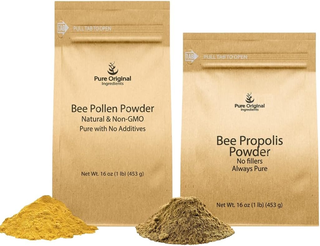 PURE ORIGINAL INGREDIENTS Bee Pollen Toz ve Arı Propolis Toz Paketi, 1 lb Her, No Fillers, Lab TY
