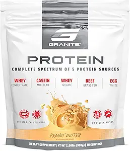 Granit Beslenme proteini Toz - Premium 5-Kaynak Öpücü (Whey, Casein, Egg, Grass-Fed Beef) Lean Muscle ve Recovery için - Peanut Butter Flavor, 30 Hizmet