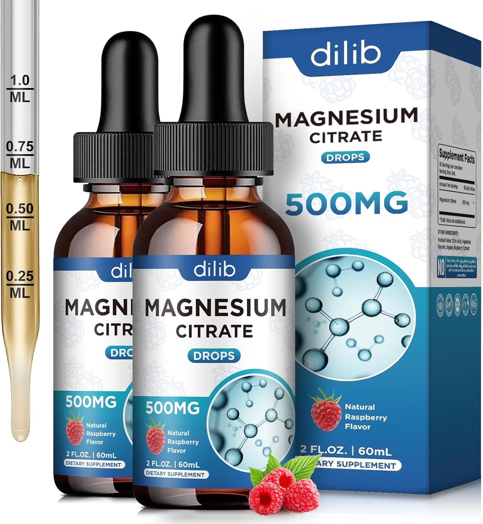 (2 Pack) Magnezyum Citrate Liquid Drops Supplement 500 mg-Dep Stres Yardımı, Bone, Muscle, Mood, Sleep-4 Fl Oz, Vegan, Raspberry Flavor