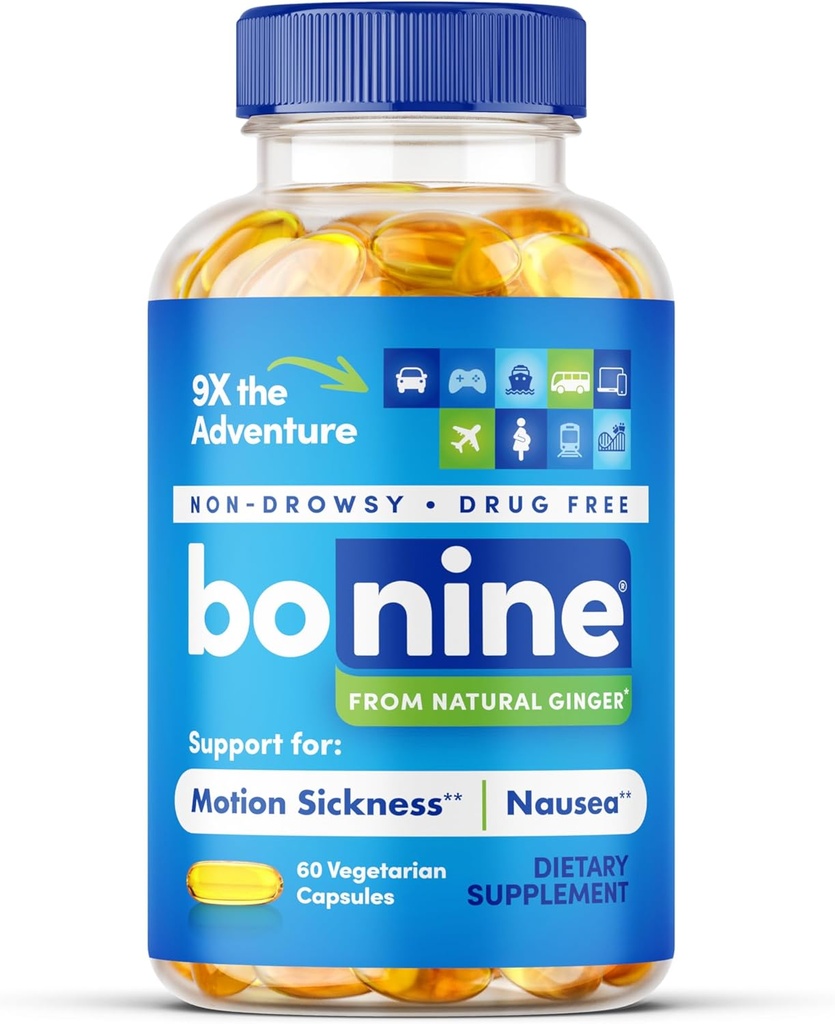 Bonine Ginger Root Extract Liquid Capsules - Non-Drowsy Motion Sickness Relief - 40 mg Ginger Supplement for Morning Sickness & Nausea Relief - Cruise Ship Essentials - 60 Capsules