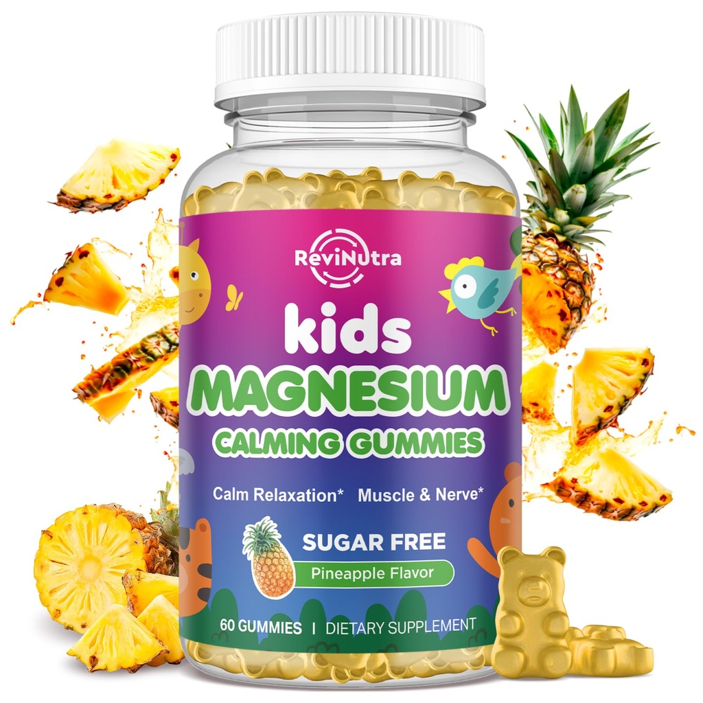Çocuklar için Magnezyum Gummies, Magnezyum Glycinate Gummies, L-Theanine, Chamomile, Licorice, Vitamin D, B6 Uyku, Rahatlama, Beyin & Kas, Sugar Free Pineapple 60ct