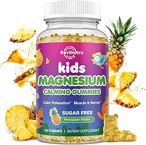 Çocuklar için Magnezyum Gummies, Magnezyum Glycinate Gummies, L-Theanine, Chamomile, Licorice, Vitamin D, B6 Uyku, Rahatlama, Beyin & Kas, Sugar Free Pineapple 60ct