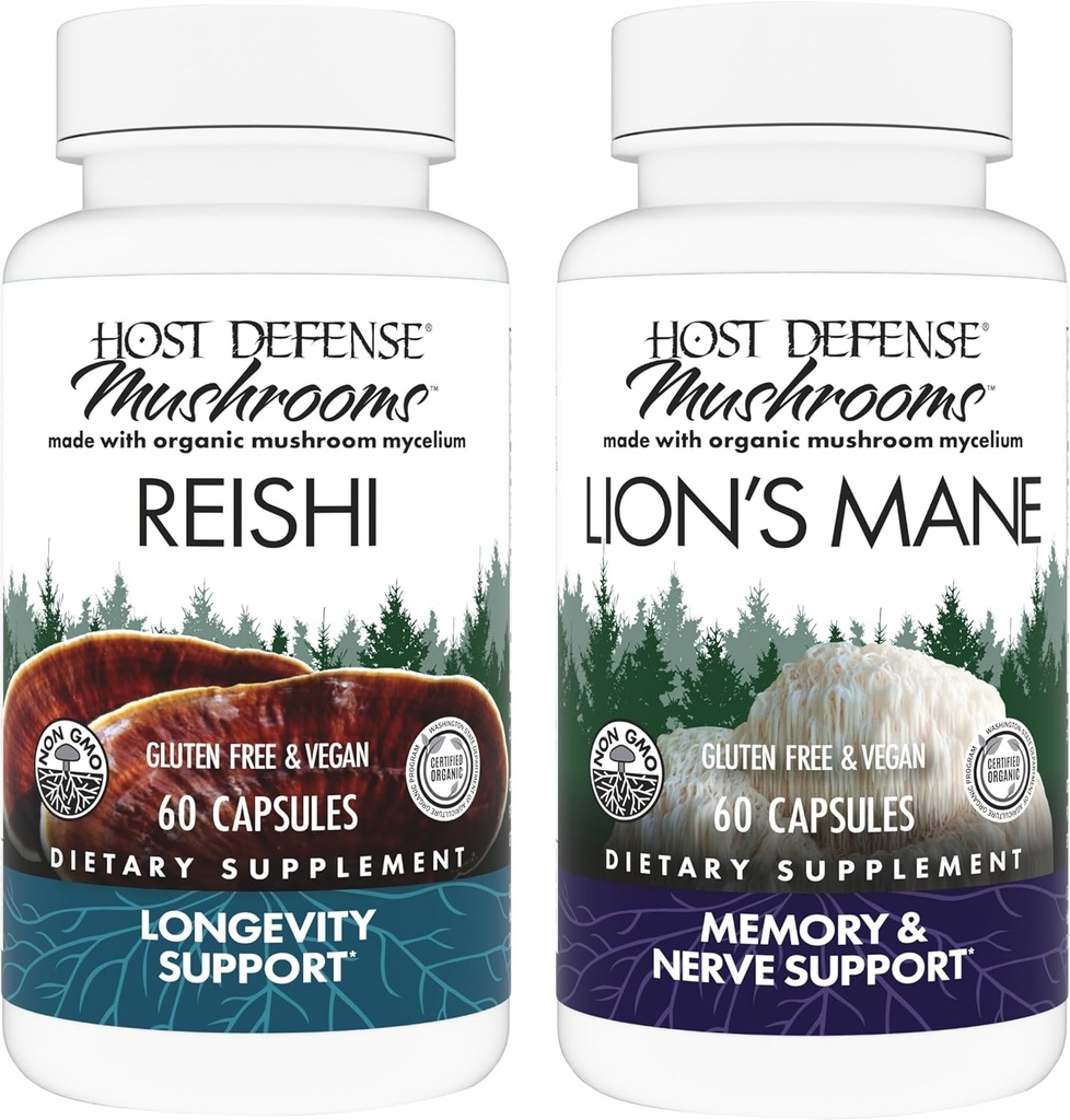 Host Defense Sche with Reishi Capsules, 60 Count & Lion's Mane Capsules, 60 Count - Support Heart & Immune Health - Support Brain Health, Memory & Focus*