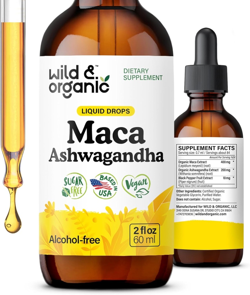 Wild & Organic Maca Ashwagandha Erkekler ve Kadınlar için Bırakıyor - Peruvian Maca Root ve Ashwagandha Tincture for General Support - Vegan, Sugar & Alkol Ücretsiz Ekstraksiyon Tamam - 2 fl ozzz