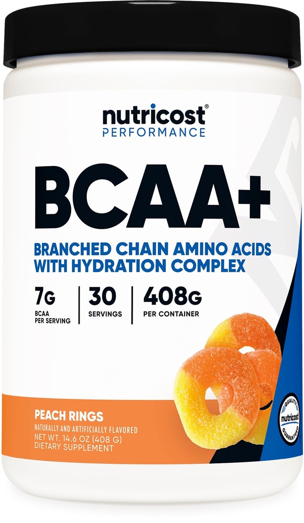 Nutricost BCAA + Hydration Toz (Peach Ring) 30 Hizmet - Hydration Complex - Gluten-Free, Non-GMO