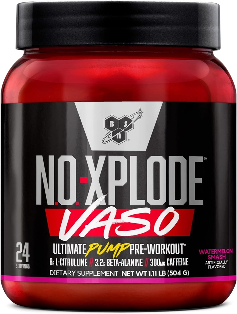 BSN N.O.-XPLODE Vaso Pre Workout Toz with 8g of L-Citrulline and 3.2g Beta-Alanine and Energy, Flavor: Watermelon Smash, 24 Hizmetler