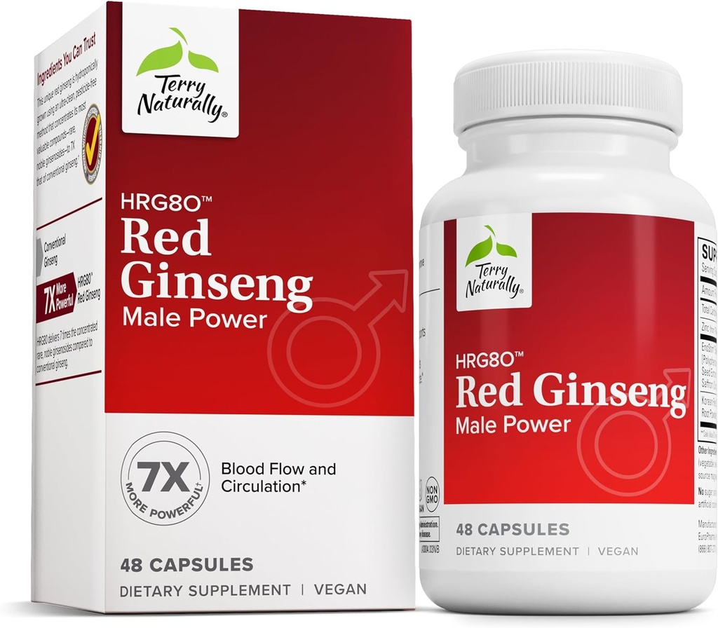 Terry Natural HRG80 Red Reality Male Power - Blood Circulation & Endurance Support Supplement - Diyetary Supplement with Ginseng & çinko - Enerji Desteği için Herbal Supplement - 48 Capsules