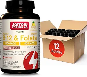 Jarrow Formulas Me-12 1000MCG & Metil Folate 400MCG,Extra Strength,Cellular Enerji Metabolism & Cardiovascular Health Formula (1) P-5-P,100Chewable Tabs ile, 100 Day Suppl,12Packs