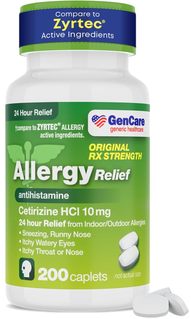 GenCare - Cetirizine HCL 10 mg (200 Caplets) - 24 ώρες Αλεργία χάπια ανακούφισης - Μη υπνηλία Γενόσημο εξωχρηματιστηριακό Αλλεργία φαρμακευτική αγωγή - Αντιισταμινική ιατρική για το φτάρνισμα, Runny μύτη & Ichy Eyes - Generic Zyrtec