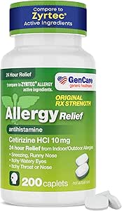 GenCare - Cetirizine HCL 10 mg (200 Caplets) - 24 Saat Antivirüs Yardım Pills - Drowsy Genric OTC Alerji İlaçları - Sneezing için Antihistamin Tıp, Runny Nose & Itchy Gözler - Genir Zirtec