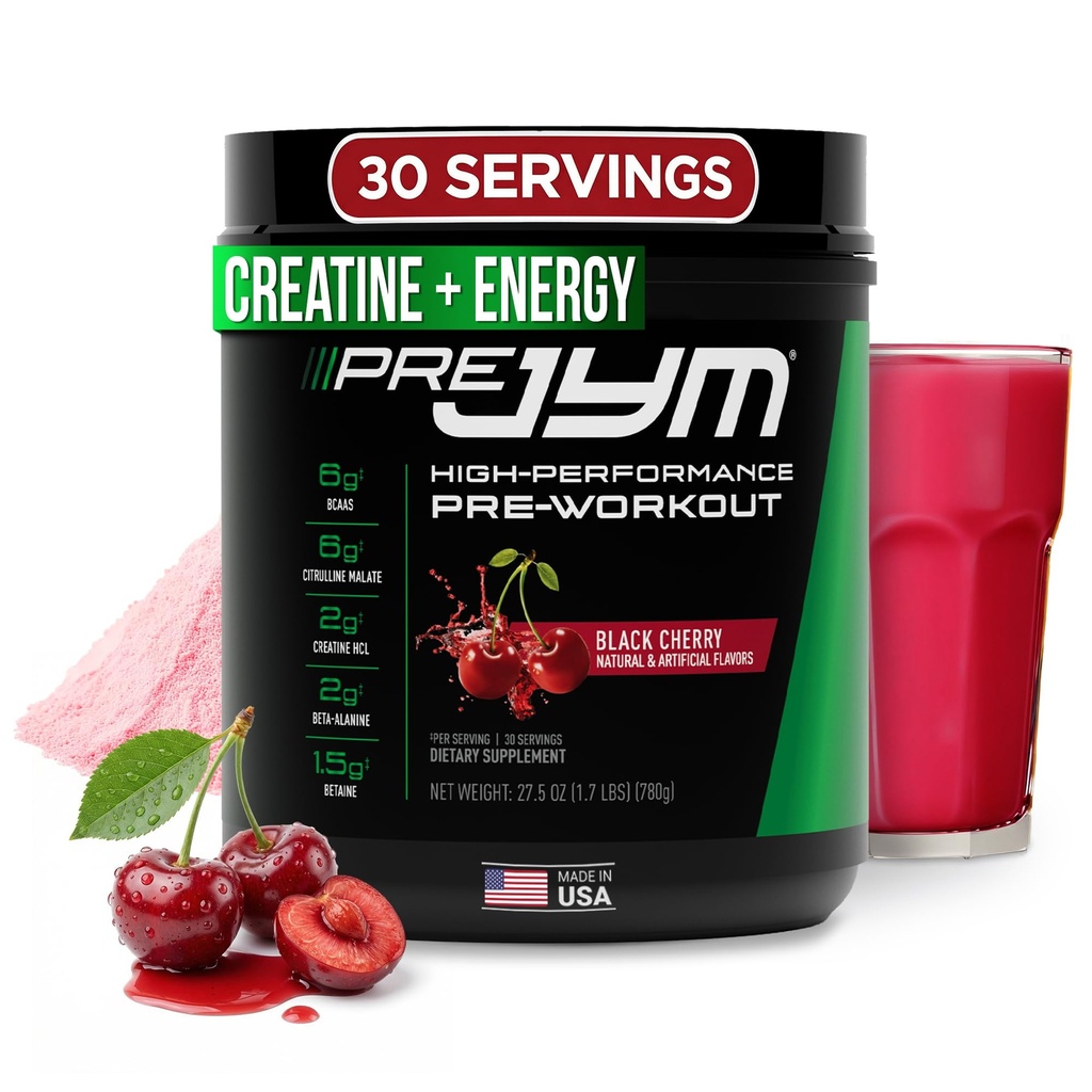 JYM Supplement Science Pre JYM Black Cherry Pre Workout Toz for Men & Women, BCAAs, Nootropics, Kretine HCI, Citrulline, Beta-Alanine, Betaine, Taurin, Huperzine, 30 Hizmet