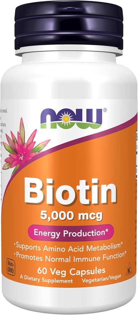 Şimdi Gıdalar Tamamlar, Biotin 5.000 mcg, Boltsm*, Enerji Üretimi*, 60 Veg Capsules
