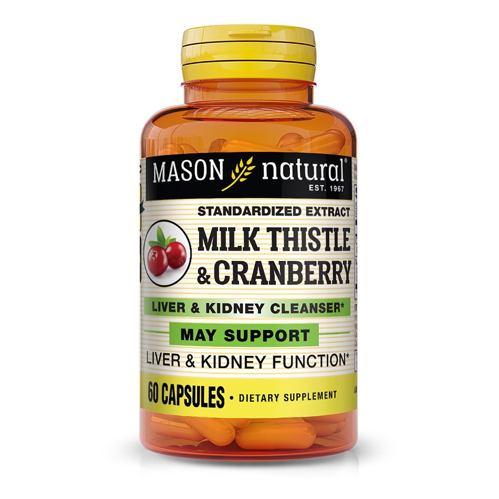 MASON NATURAL Milk Thittle/Cranberry Liver & Kidney Cleanser - Υποστηρίζει την υγιεινή λειτουργία του ήπατος και των νεφρών, καθαρισμού και Detox, 60 κάψουλες