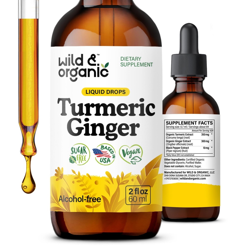 Άγρια & οργανική Κουρκουμάς και Ginger συμπλήρωμα σταγόνες - Κοινή & ανοσοποιητική υποστήριξη - Υγρή κουρκουμά με εκχύλισμα τζίντζερ και μαύρο πιπέρι - συμπλήρωμα κουρκουμίνης - Vegan, ζάχαρη & αλκοόλ-ελεύθερο Βάμμα - 2 oz