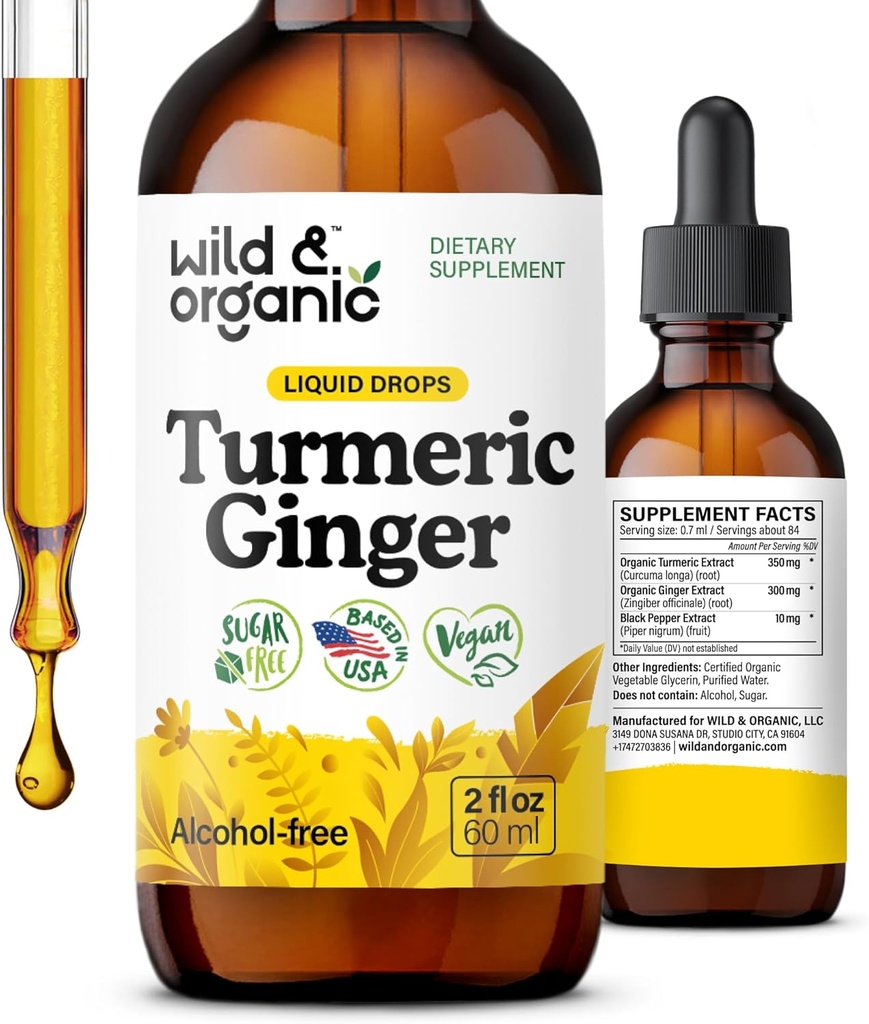 Vahşi & Organik Turmeric ve Ginger Supplement Drops - Ortak & Immune Support - Sıvı Turmeric with Ginger and Black Pepper Extract - Curcumin Supplement - Vegan, Sugar & Alkol-Free Tincture - 2 ozz