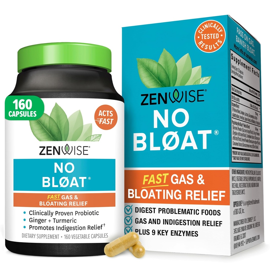 Zenwise Health No Bloat Digestive Enzymes for Gut Health, Gas & Bloating Relief - Multi Enzymes Digestion Supplement with Probiyotiks, Ginger, Turmeric Dandelion & Lactase - Men & Women - 160 Count