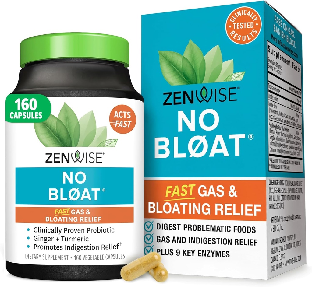 Zenwise Health No Bloat Digestive Enzymes for Gut Health, Gas & Bloating Relief - Multi Enzymes Digestion Supplement with Probiyotiks, Ginger, Turmeric Dandelion & Lactase - Men & Women - 160 Count