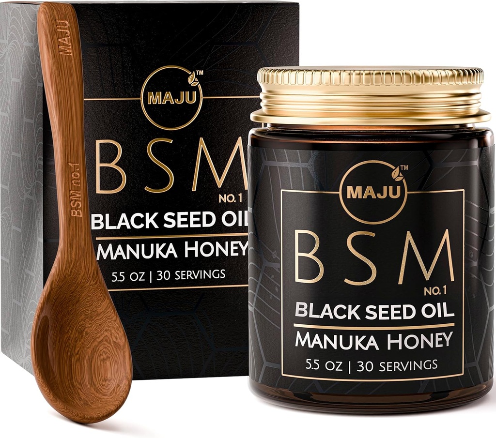 MAJU'nun 3-in-1 Black Seed Oil, Manuka Honey & Tohumlar (Traditional Style) BSM No. 1, Sweet & Crunchy Herbal Mix, Nigella Sativa Oil and Seeds, Unpasteurized & Raw Monofloral Manuka Honey Yeni Zelanda