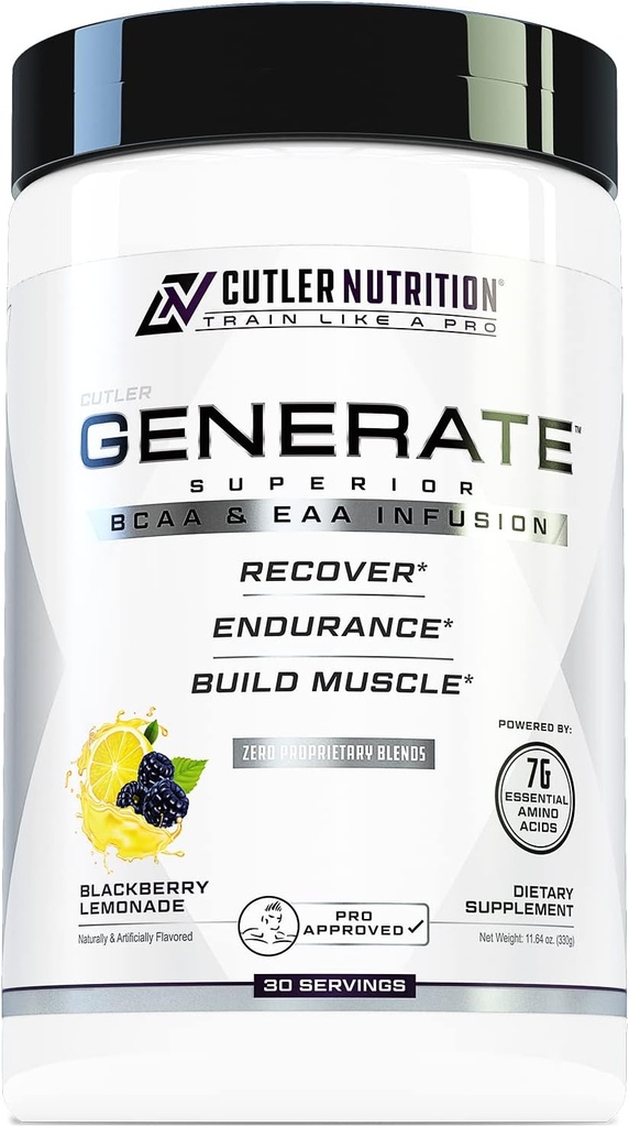 Generate EAA and BCAA Powder: Best Post Workout Recovery Drink and Branched Chain Amino Acids Supplement with Essential Amino Acids, 5g BCAAs, 2g EAAs | BlackBerry Lemonade, 30 Servings