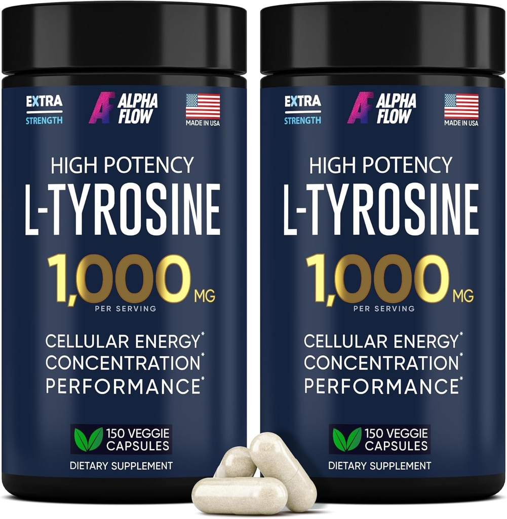 [2 Pack] L-Tyrosine 1000MG Capsules - Natural L Tyrosine Supplement for Kids & Yetişkinler - Energy Boost and Brain Supplement - 2x the potency of L-Tyrosine 500 mg Capsules - 300 Vegan LTyrosine Capsules