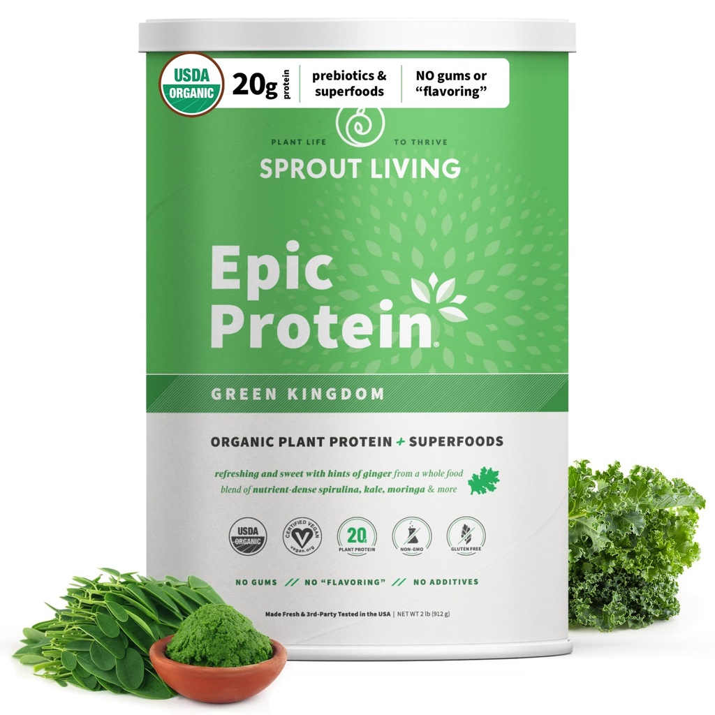 Sprout Living Epic Protein, Plant Based protein & Superfoods Toz, Yeşil Krallık | 20 Grams Organik Protein Toz, Yeşiller, Vegan, Sütsiz, Non-GMO, Gluten Free, Low Sugar (2 Pound, 24 Hizmet)