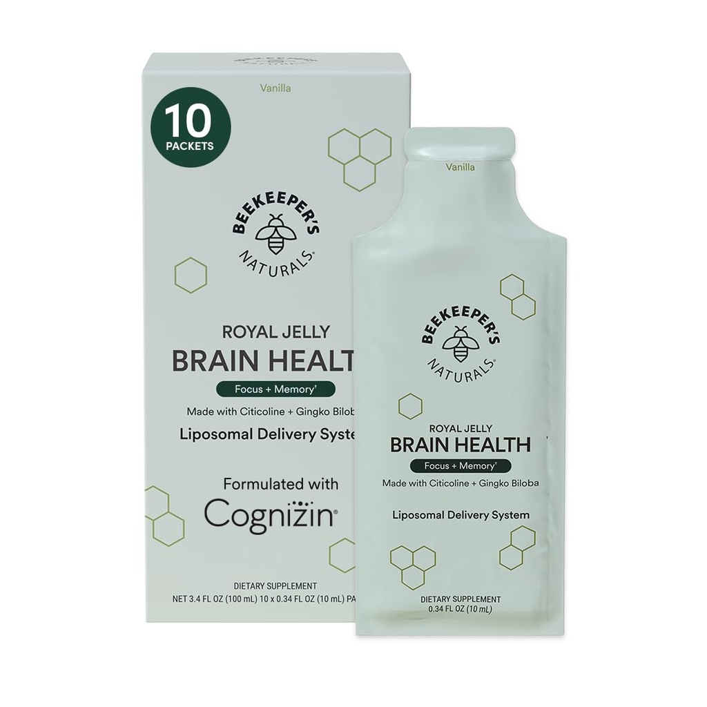 Nootropic Brain takviyesi, Beekeeper's Naturals, 500 mg Citocoline, Ginkgo Biloba, Bacopa Monnieri & Royal Jelly, Supports Focus & Memory, Easier Abxia, Plus a Tasty Vanilla Flavor, 10ct