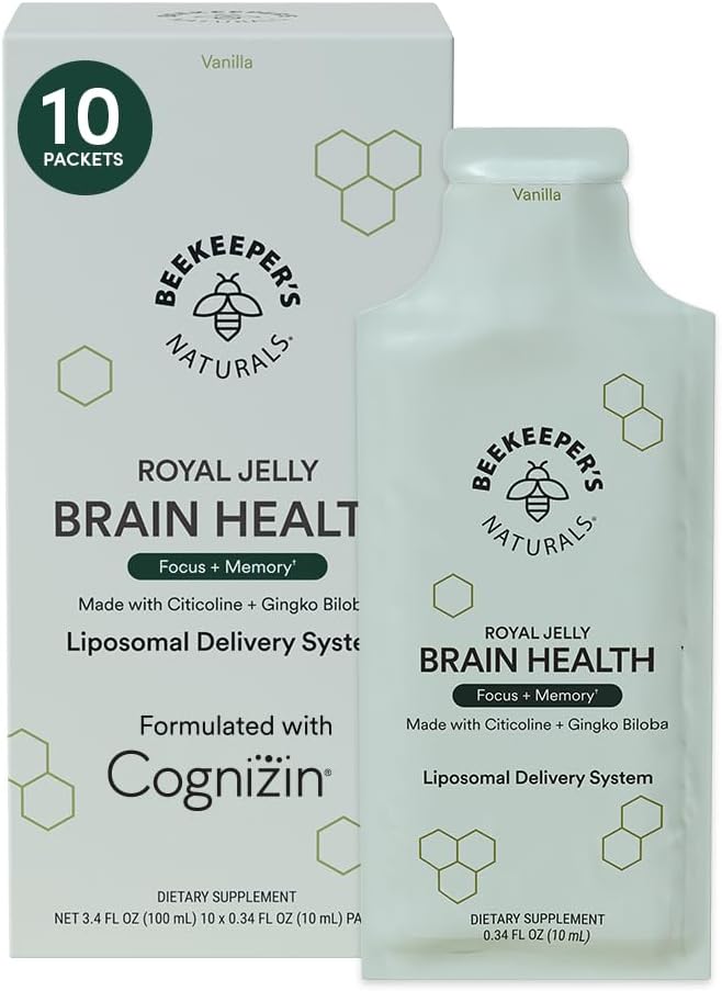 Nootropic Brain takviyesi, Beekeeper's Naturals, 500 mg Citocoline, Ginkgo Biloba, Bacopa Monnieri & Royal Jelly, Supports Focus & Memory, Easier Abxia, Plus a Tasty Vanilla Flavor, 10ct