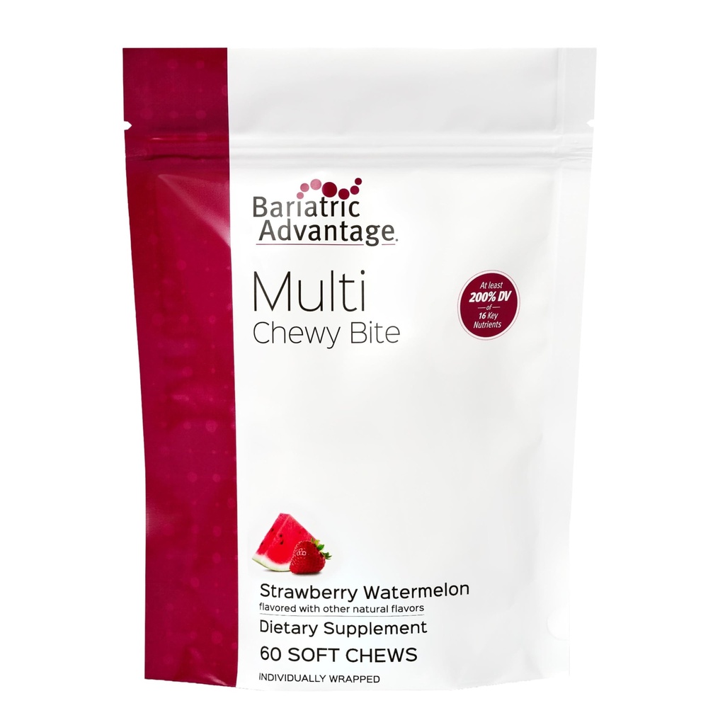 Μπαριατρικό Πλεονέκτημα Multi Chewy Bite - Μαλακή Μασά Πολυβιταμίνη για Βαριατρική Χειρουργική Ασθενείς - Μασώμενη Πολυβιταμίνη με Φολικό Οξύ, Βιταμίνη D3 & More - Φράουλα Γεύση Καρπούζι - 60 Μέτρα