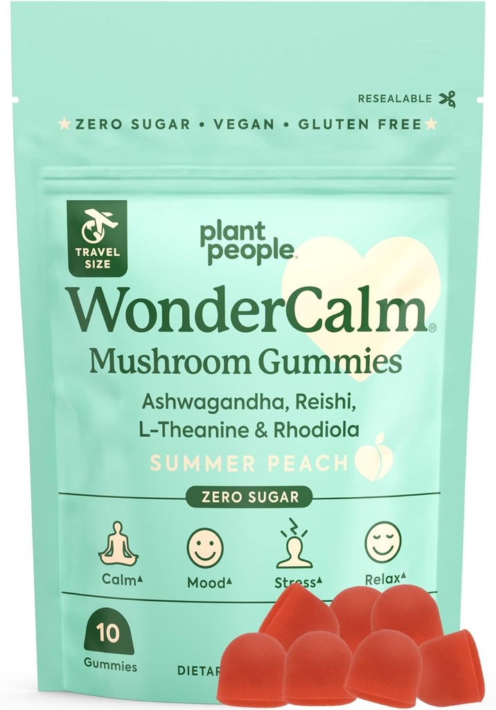 Οι άνθρωποι των φυτών WonderCalm Mushroom Gummies - φυσικό συμπλήρωμα Ashwagandha για την ευκολία Άγχος & Boost Mood για ενήλικες χωρίς ζάχαρη, γλουτένη ή τεχνητά χρώματα, Vegan-Friendly, Ροδάκινο Γεύση (Trial Μέγεθος)
