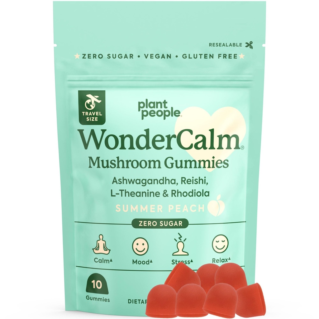 Plant People WonderCalm Mushroom Gummies - Natural Ashwagandha Supplement to Ease Stress & Boost Mood For Sugar, Gluten veya Yapay Renkler, Vegan-Friendly, Peach Flavor (Trial Boyut)