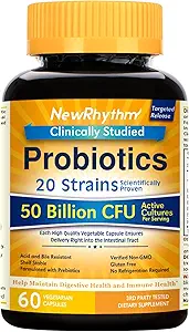 NewRhythm Probiotics 50 Δισεκατομμύρια CFU 20 Strains, 60 κάψουλες Veggie, Στοχευμένη Τεχνολογία Απελευθέρωσης, Στομαχικό Οξύ Ανθεκτικό, Καμία ανάγκη για Ψύξη, Μη ΓΤΟ, Χωρίς Γλουτένη (Pack of 2)