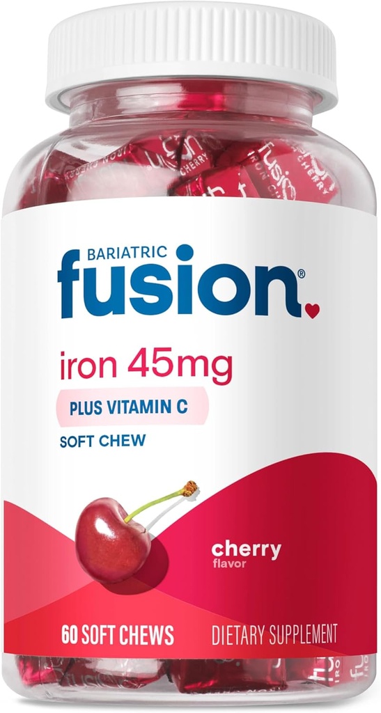 Bariatrik Fusion Iron Supplement for Women Anemia | Chewable Iron with Vitamin C | Cherry Flavored Soft Chew | Stomach Ferrous Fumarate for Women and Men | Gluten Free | 60 Count