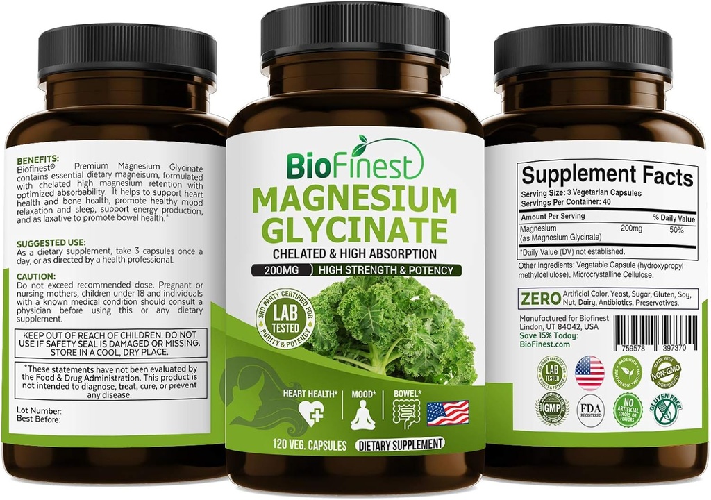 Biofinest Chelated Magnesium Glycinate 200mg Συμπλήρωμα - Healthy Heart Bowel Movement Immune Energy Μεταβολισμός Mood Sleep - Made in USA (120 Κάψουλες)