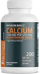 Bronson Ασβέστιο 1200mg ανά σερβίροντας Συν Βιταμίνη D3 1000 IU Φόρμουλα υψηλής ισχύος, Μη- ΓΤΟ, 200 δισκία