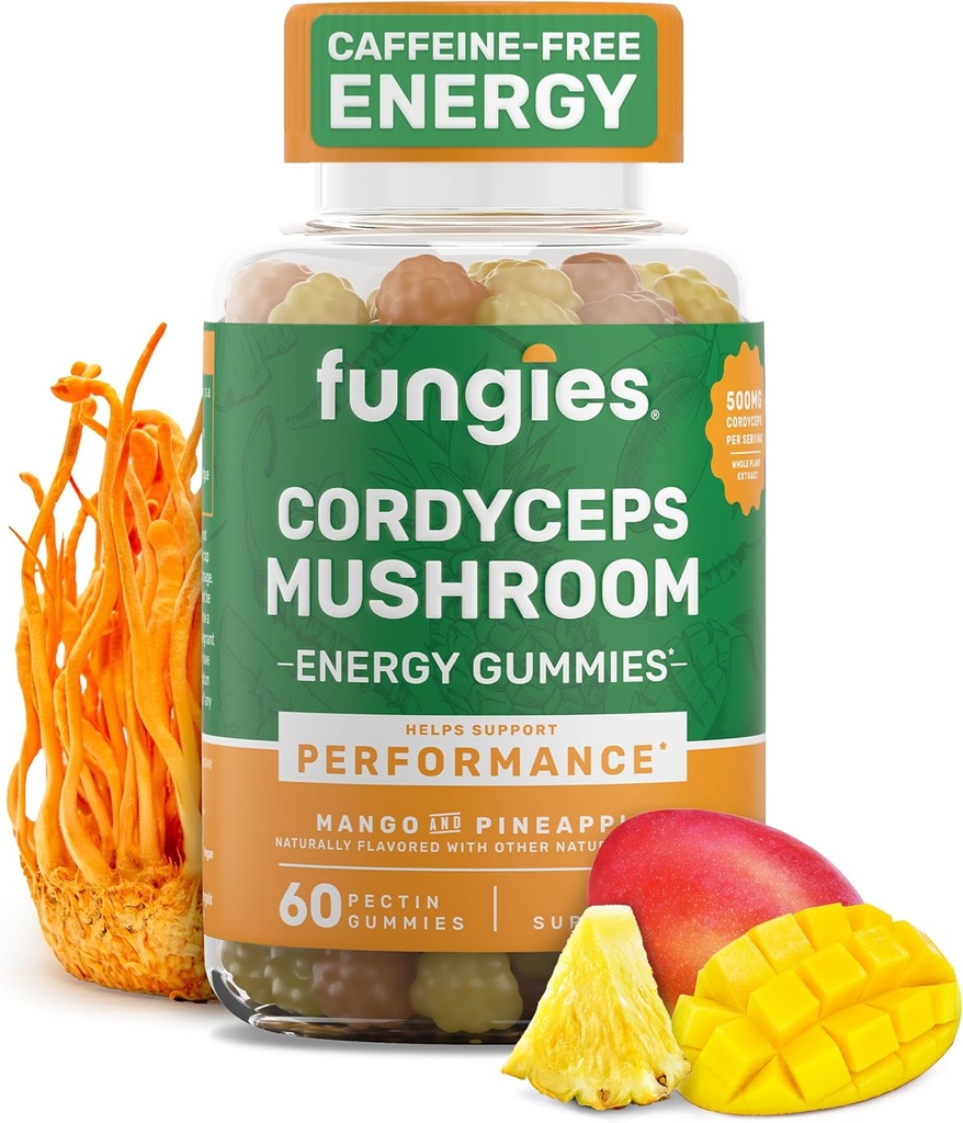 Fungies Cordyceps Mushroom Gummies, Mango & Pineapple Flavor - Mushroom Herbal Supplement Gummy for Yetişkinler Supports Endurance, Energy & Performance - Caffeine-Free Energy Gummies - 60 Servisler