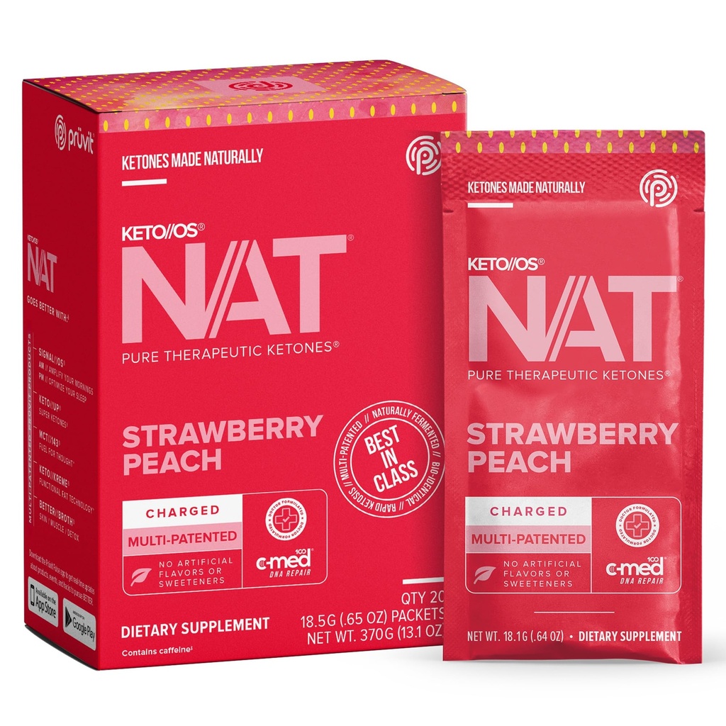 Pruvit - Keto/OS NAT - Strawberry Peach Charged Drink Mix with C-Med 100, L-Taurine, Vitamins B6 & B12, Ketone Supplement - 18.5g