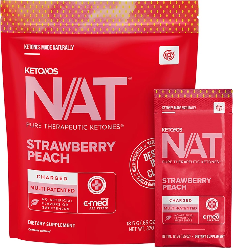 Pruvit - Keto/OS NAT - Strawberry Peach Charged Drink Mix with C-Med 100, L-Taurine, Vitamins B6 & B12, Ketone Supplement - 18.5g